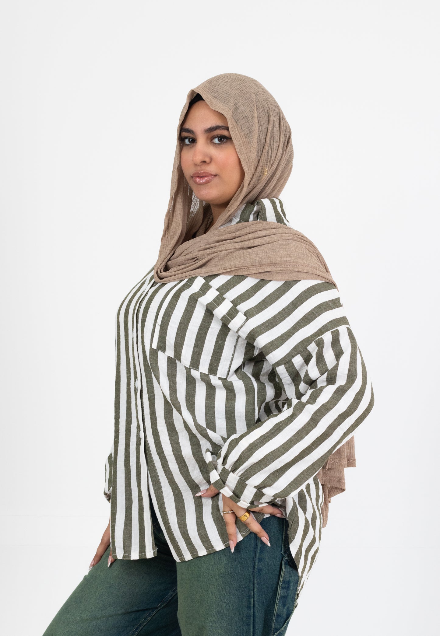 شميز كتان مقلم أوفر سايز