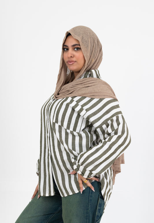 شميز كتان مقلم أوفر سايز